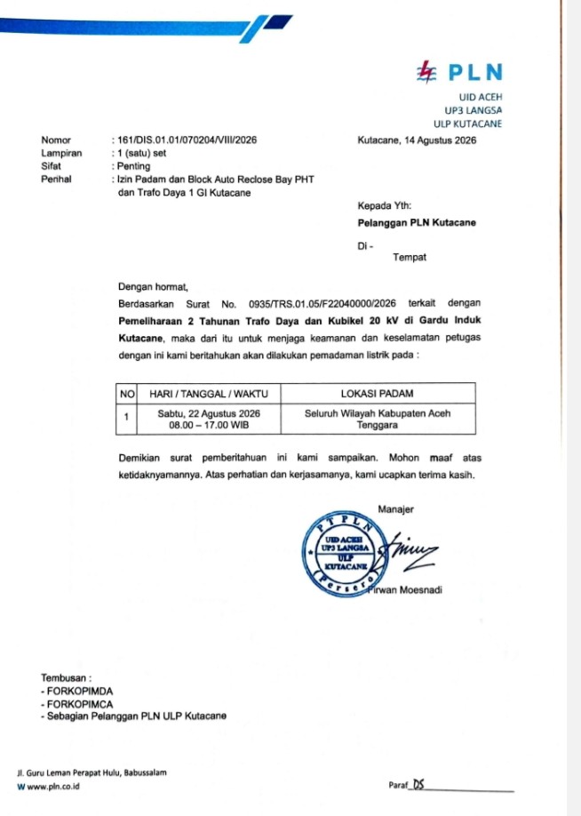 PLN Umumkan Pemadaman Listrik 9 Jam di Seluruh Aceh Tenggara Sabtu 22 Agustus 2026.